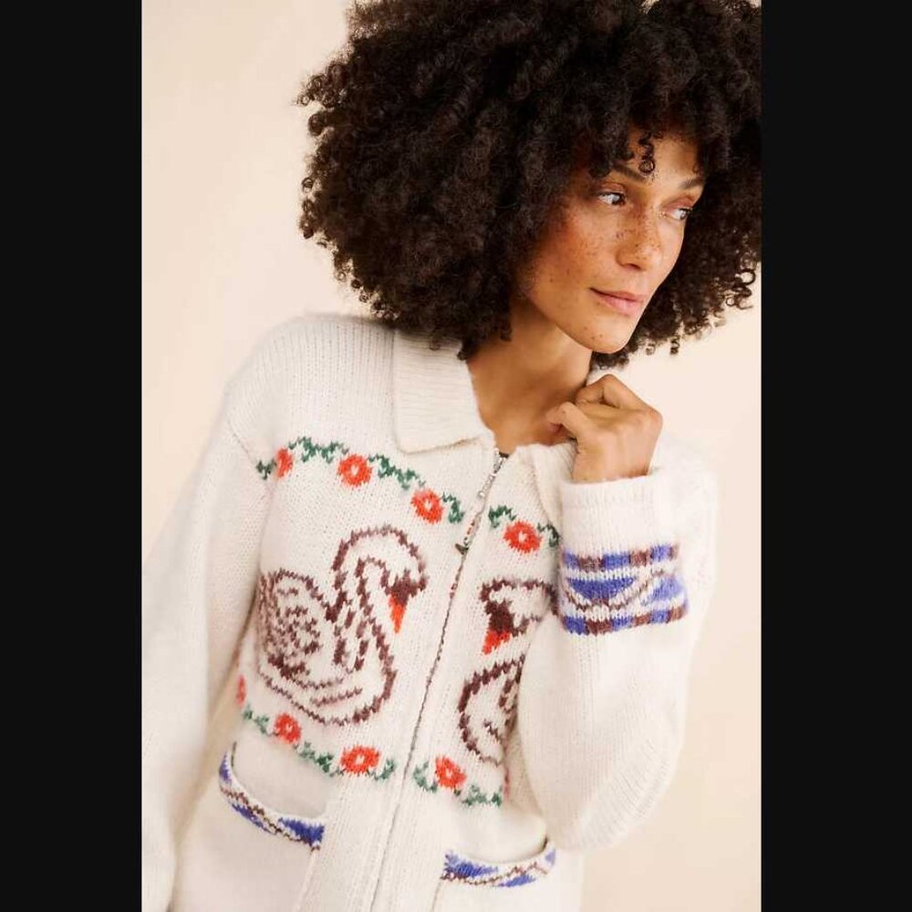 S Obey knit swans wool blend zip up cardigan sweater - Picture 14 of 15